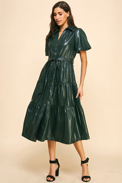 PU Leather Tiered Midi Dress - Lush Lemon - Women&