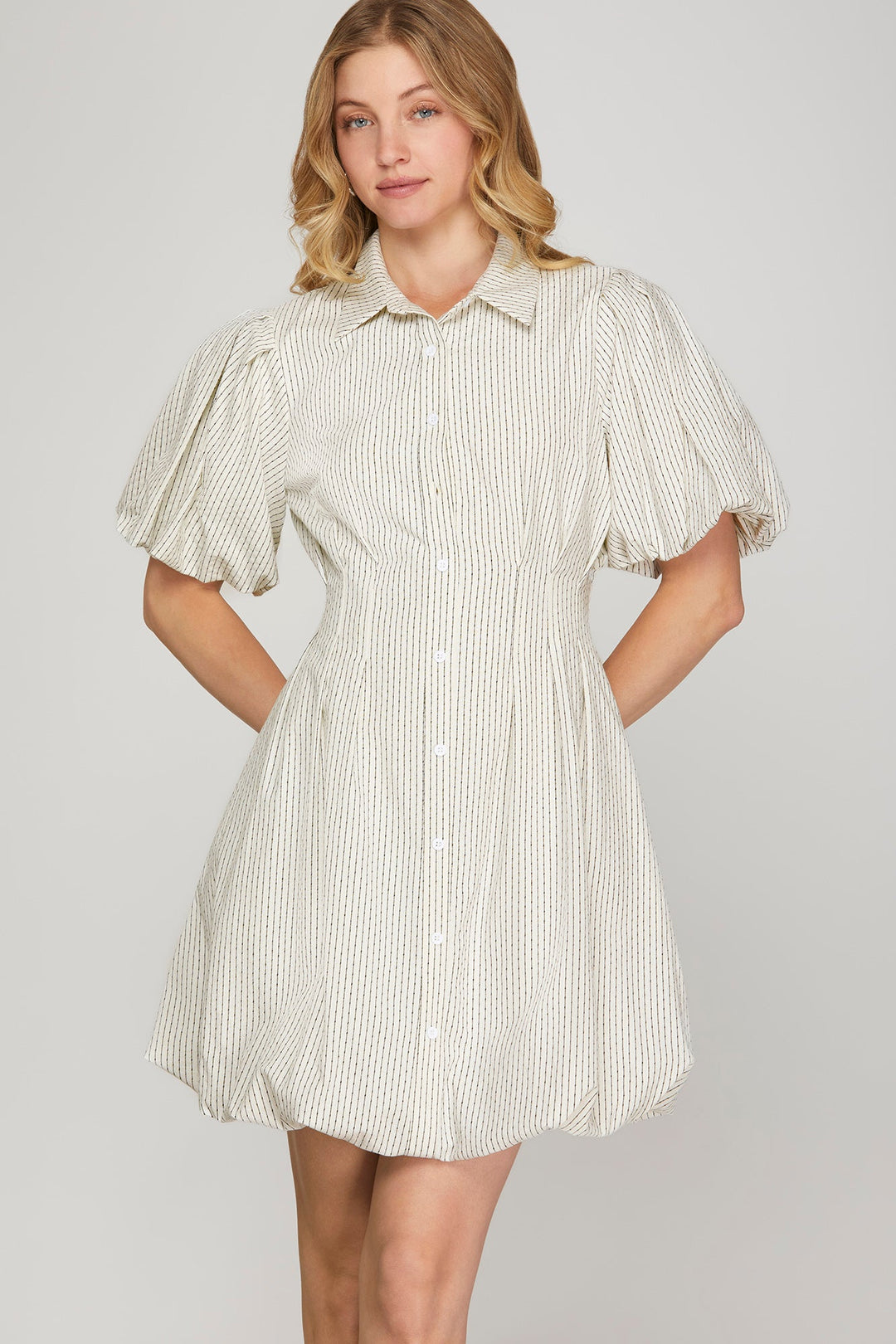 Puff Sleeve Balloon Mini Dress W/Pockets - Lush Lemon - Women's Clothing - She + Sky - 75505904066717