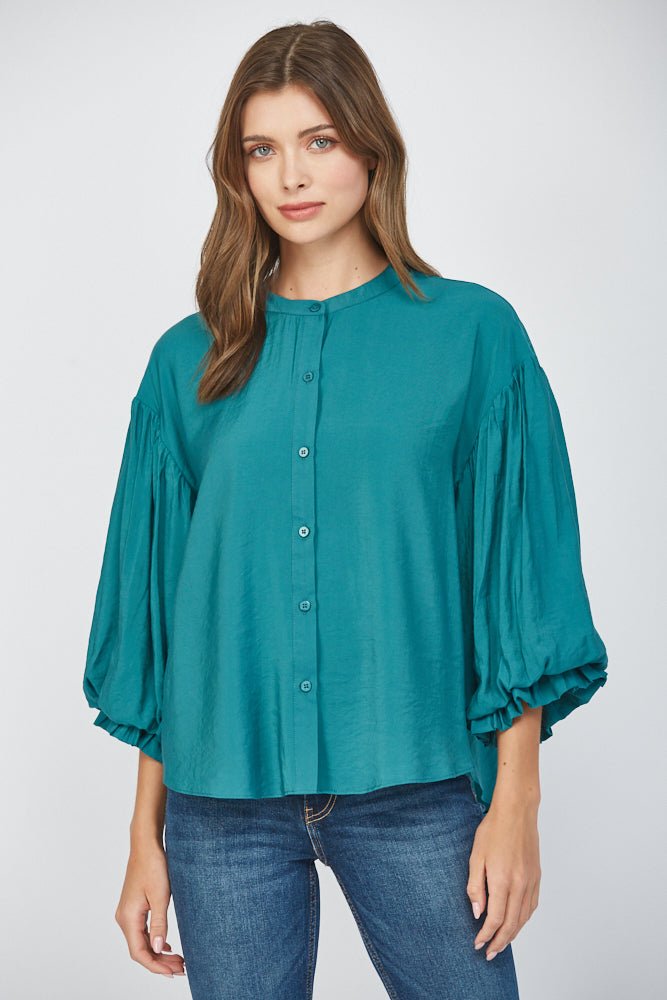 Puff Sleeve Button Down Shirt - Lush Lemon - Women's Clothing - Fate By LFD - 74878471042077