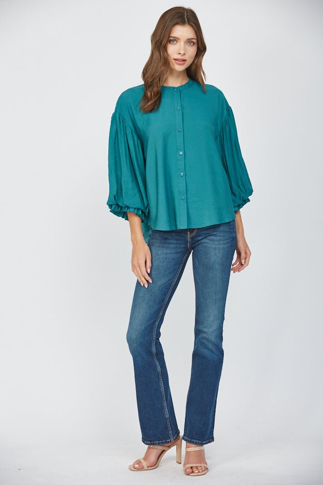 Puff Sleeve Button Down Shirt - Lush Lemon - Women's Clothing - Fate By LFD - 74878471042077