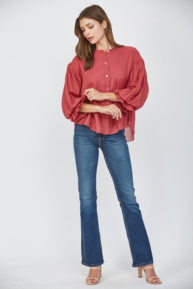 Puff Sleeve Button Down Shirt - Lush Lemon - Women's Clothing - Fate By LFD - 74878471638685