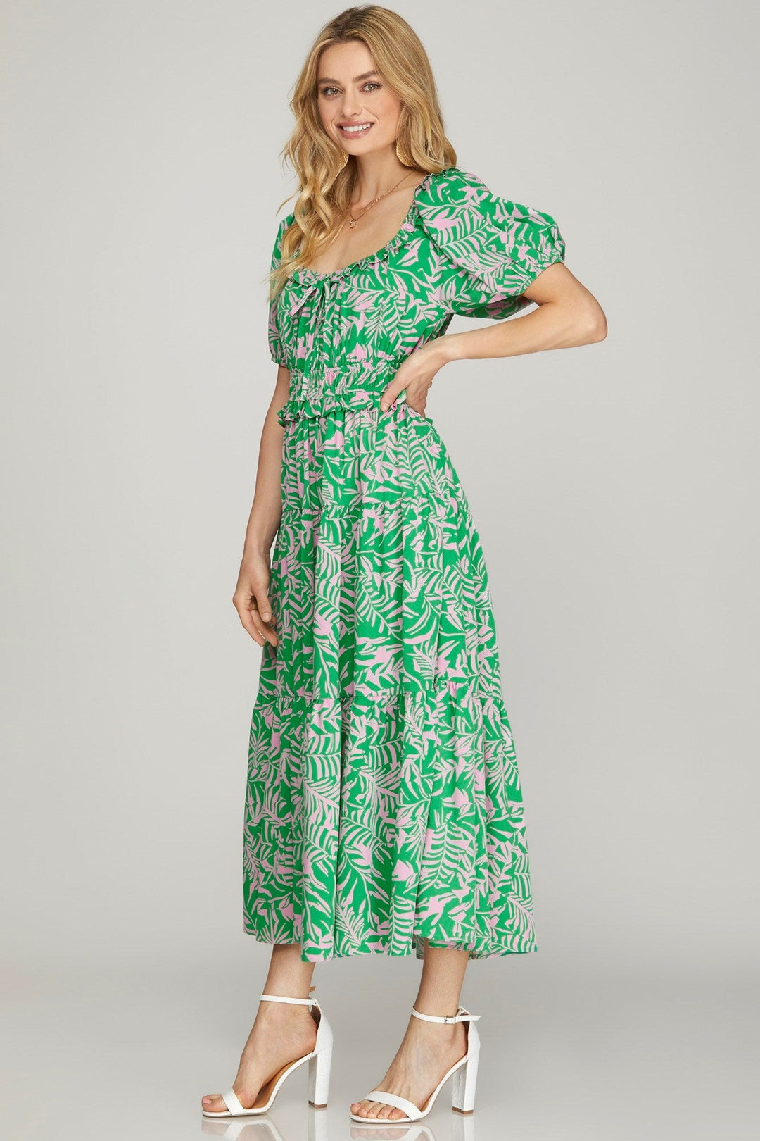 Puff Sleeve Floral Print Tiered Midi Dress - She + Sky - Lush Lemon Red / S Puff Sleeve Floral Print Tiered Midi Dress - She + Sky - Lush Lemon Red / S