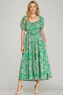 Puff Sleeve Floral Print Tiered Midi Dress - Lush Lemon - Women&