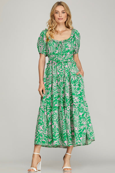 green emerald velvet dress Green Floral Short Sleeve Midi Dress - All Dresses