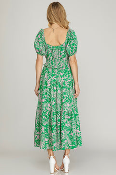 Puff Sleeve Floral Print Tiered Midi Dress - Lush Lemon - Women&