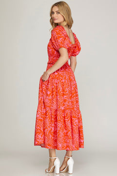 Puff Sleeve Floral Print Tiered Midi Dress - Lush Lemon - Women&