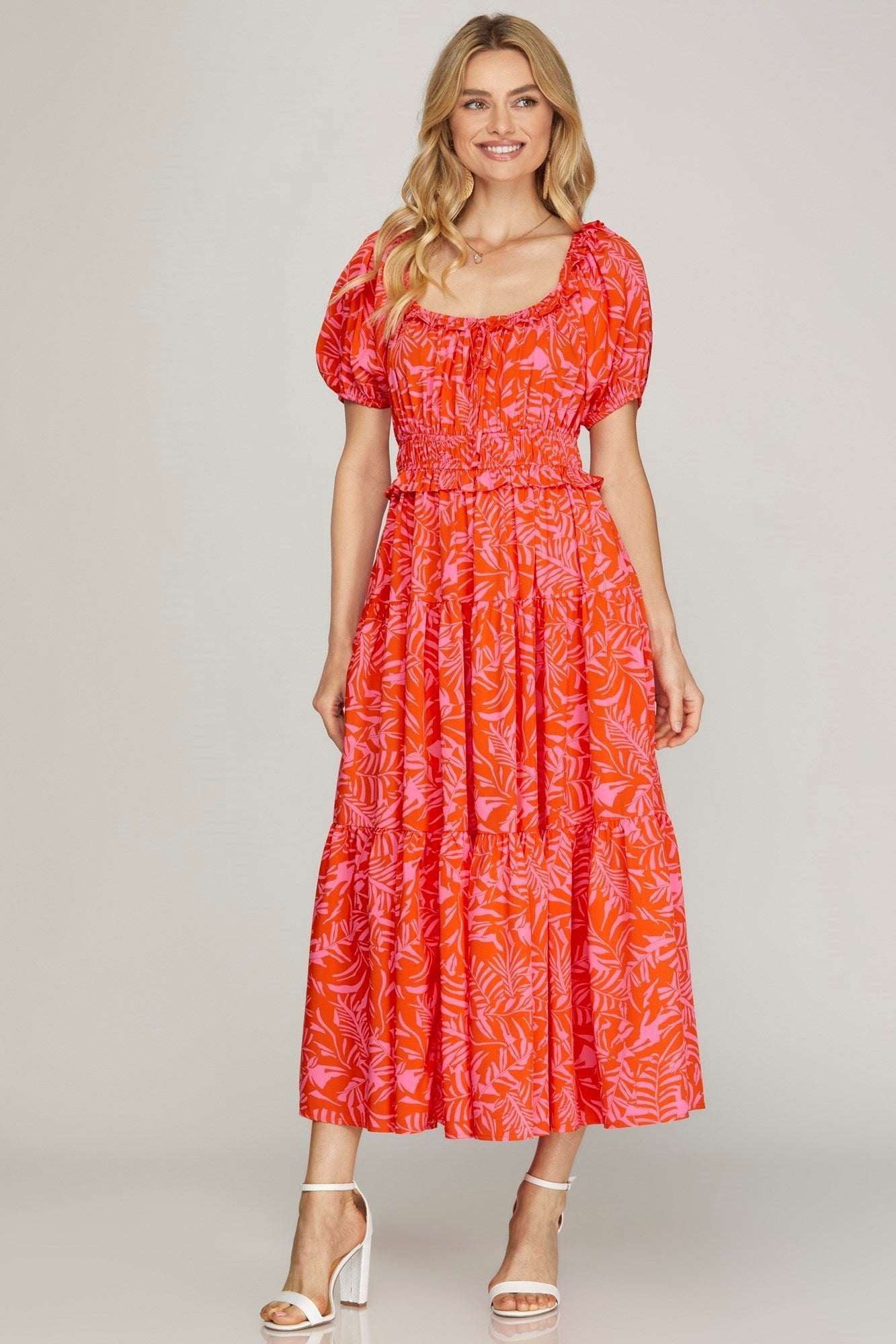 floral print chiffon puff sleeve tiered hem dress Baltic Born Womens Denzel Puff Sleeve Midi Dress | Multi Floral