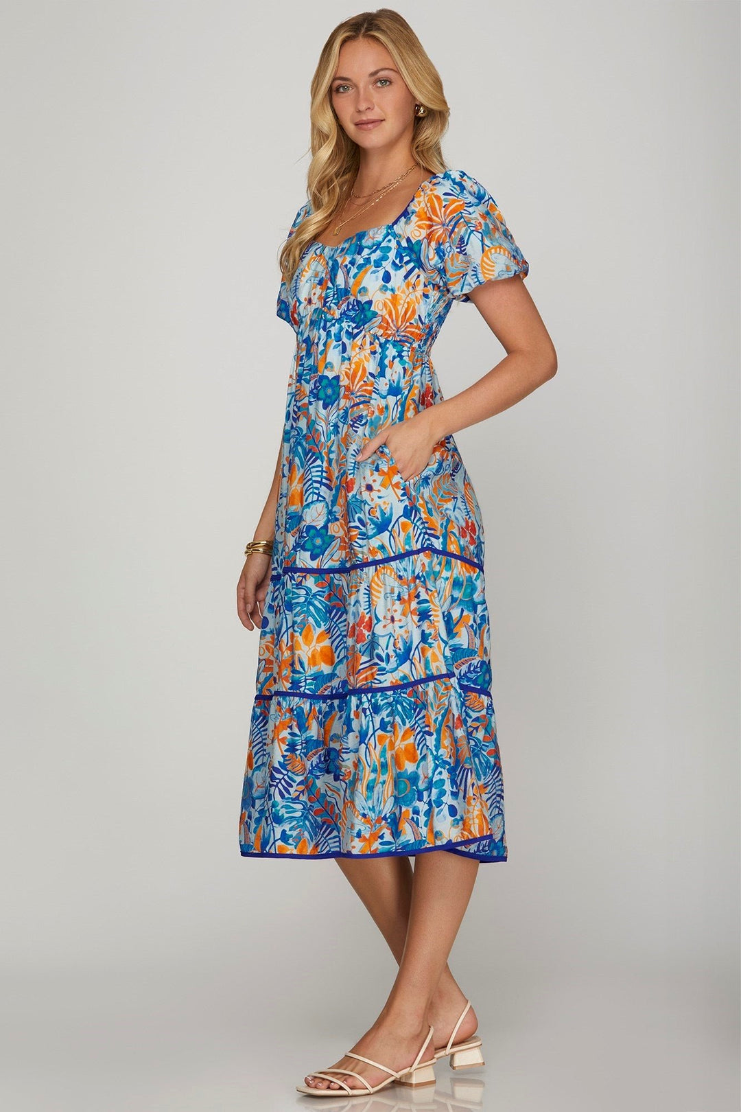 Puff Sleeve Printed Tiered Midi Dress W/Pockets - She + Sky - Lush Lemon Blue / L Puff Sleeve Printed Tiered Midi Dress W/Pockets - She + Sky - Lush Lemon Blue / L