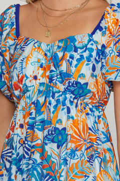 Puff Sleeve Printed Tiered Midi Dress W/Pockets - Lush Lemon - Women&