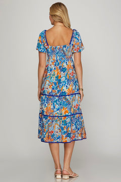 Puff Sleeve Printed Tiered Midi Dress W/Pockets - Lush Lemon - Women&