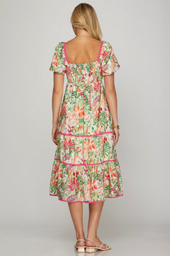 Puff Sleeve Printed Tiered Midi Dress W/Pockets - Lush Lemon - Women&