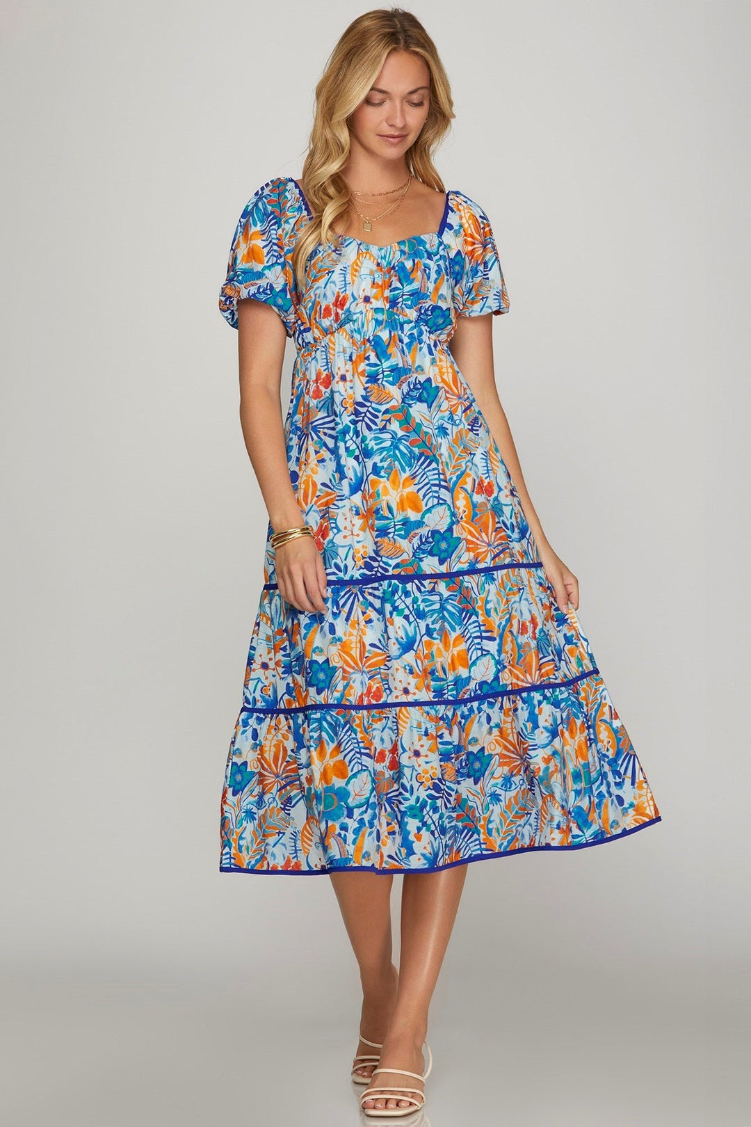 Puff Sleeve Printed Tiered Midi Dress W/Pockets - She + Sky - Lush Lemon Blue / L Puff Sleeve Printed Tiered Midi Dress W/Pockets - She + Sky - Lush Lemon Blue / L