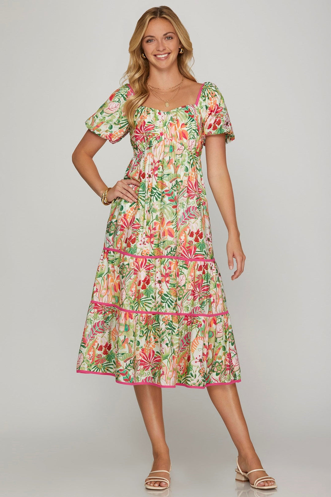 Puff Sleeve Printed Tiered Midi Dress W/Pockets - She + Sky - Lush Lemon Puff Sleeve Printed Tiered Midi Dress W/Pockets - She + Sky - Lush Lemon