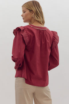 Puff Sleeve Pullover Top W/ Blanket Stitch V - Neck - Lush Lemon - Women&