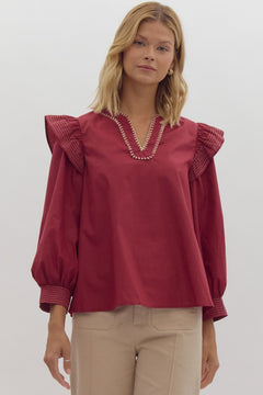 Puff Sleeve Pullover Top W/ Blanket Stitch V - Neck - Lush Lemon - Women&