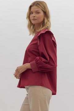 Puff Sleeve Pullover Top W/ Blanket Stitch V - Neck - Lush Lemon - Women&