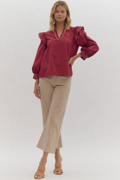 Puff Sleeve Pullover Top W/ Blanket Stitch V - Neck - Lush Lemon - Women&