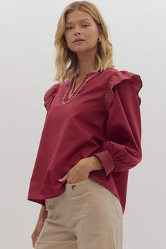 Puff Sleeve Pullover Top W/ Blanket Stitch V - Neck - Lush Lemon - Women&