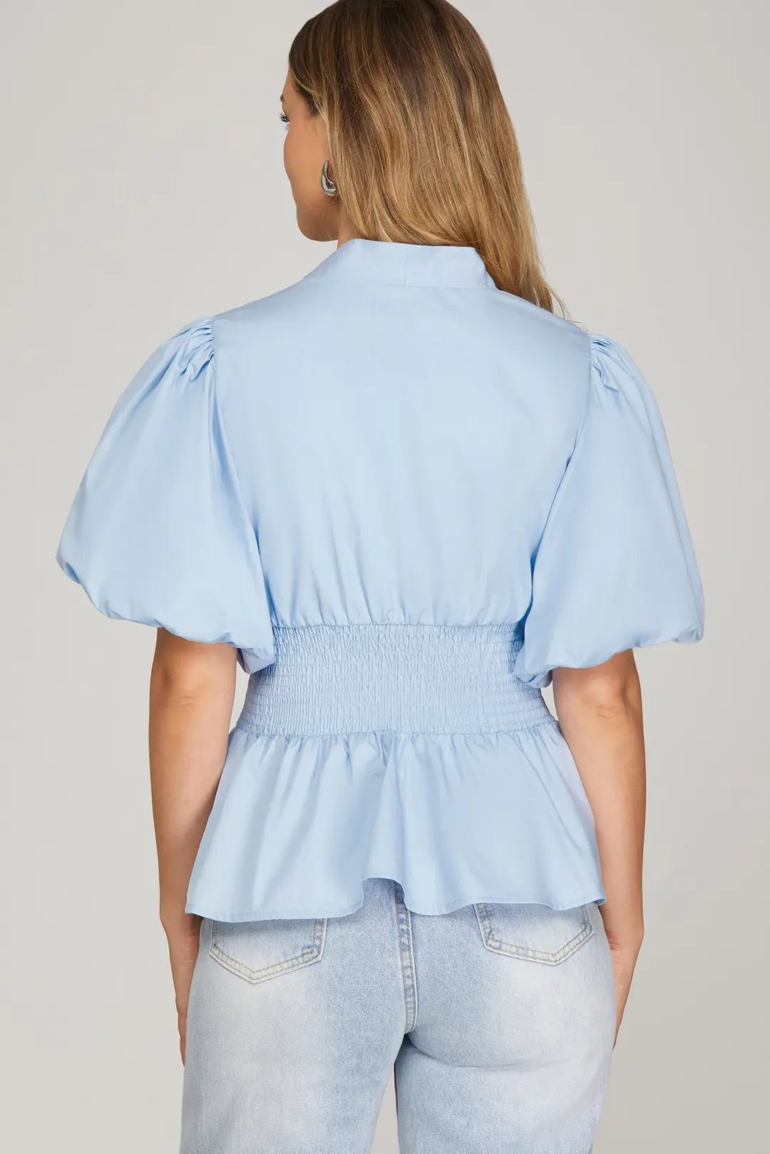 Puff Sleeve Smocked Zip Front Top W/ Peplum Hem - Lush Lemon - Women's Clothing - She + Sky - 89714891060829