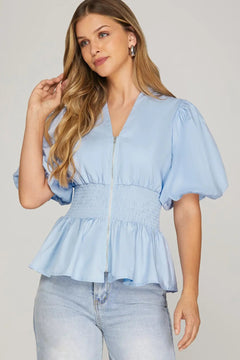 Puff Sleeve Smocked Zip Front Top W/ Peplum Hem - Lush Lemon - Women&