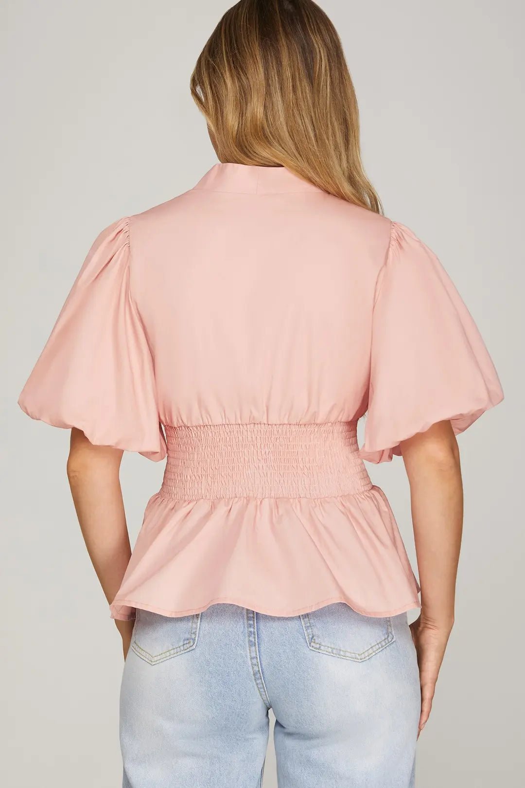 Puff Sleeve Smocked Zip Front Top W/ Peplum Hem - Lush Lemon - Women's Clothing - She + Sky - 89714891359133