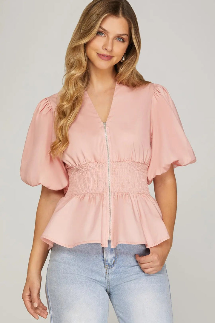 Puff Sleeve Smocked Zip Front Top W/ Peplum Hem - Lush Lemon - Women's Clothing - She + Sky - 89714891359133