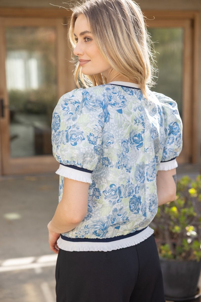 Puff Sleeve Stripe Trim Floral Jacquard Top - Lush Lemon - Women's Clothing - Voy - 20423091056541