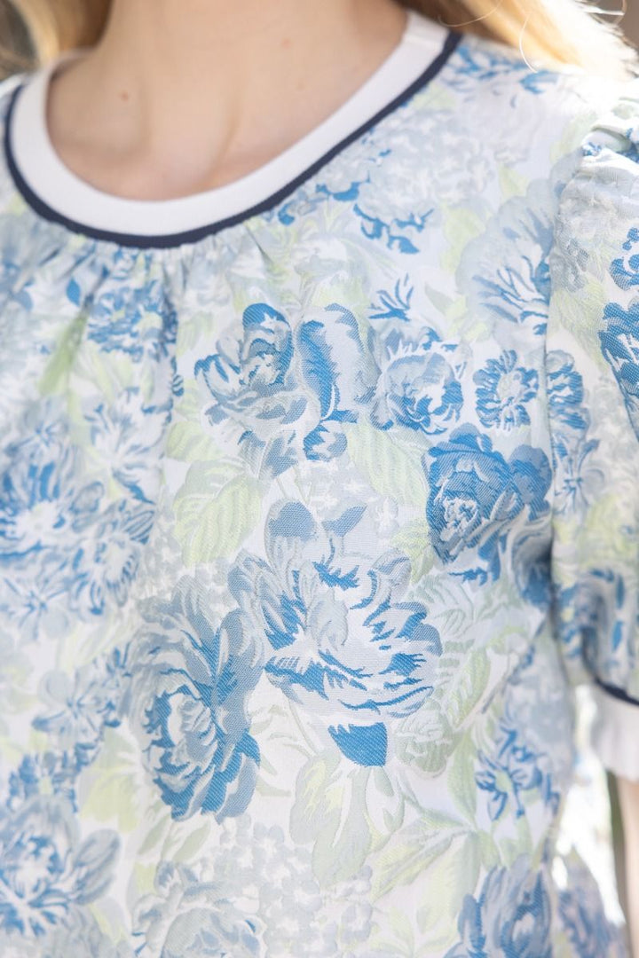 Puff Sleeve Stripe Trim Floral Jacquard Top - Lush Lemon - Women's Clothing - Voy - 20423091056541