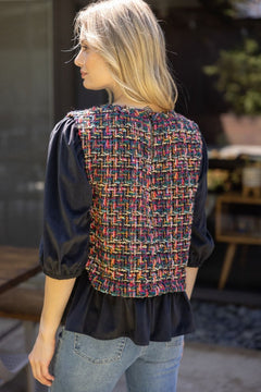 Puff Sleeve Tweed Peplum Top - Lush Lemon - Women&