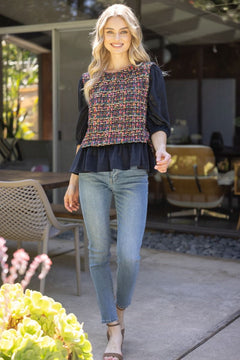 Puff Sleeve Tweed Peplum Top - Lush Lemon - Women&