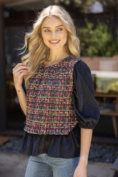 Puff Sleeve Tweed Peplum Top - Lush Lemon - Women&