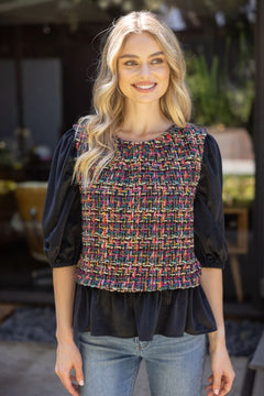 Puff Sleeve Tweed Peplum Top - Lush Lemon - Women&