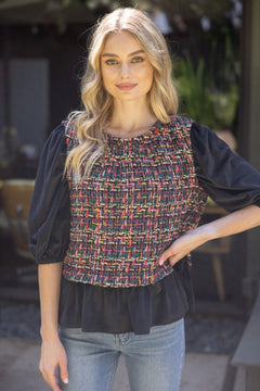 Puff Sleeve Tweed Peplum Top - Lush Lemon - Women&
