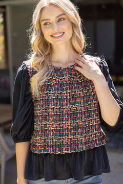 Puff Sleeve Tweed Peplum Top - Lush Lemon - Women&