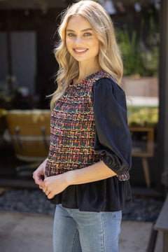 Puff Sleeve Tweed Peplum Top - Lush Lemon - Women&