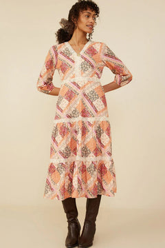 Quilt Print Lace Detail Tiered Dress - Lush Lemon - Women&