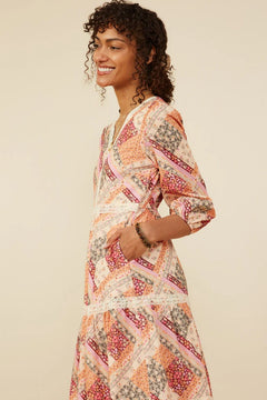 Quilt Print Lace Detail Tiered Dress - Lush Lemon - Women&