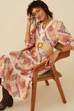 Quilt Print Lace Detail Tiered Dress - Lush Lemon - Women&