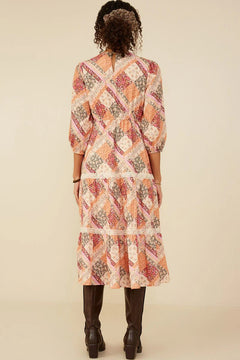 Quilt Print Lace Detail Tiered Dress - Lush Lemon - Women&