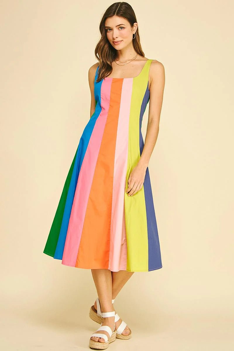 Rainbow Colorblock A - Line Midi Dress - Lush Lemon - Women's Clothing - Pinch - 91783111015613