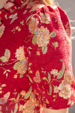 Red Floral Jacquard Ruffle Shift Dress - Lush Lemon - Women&