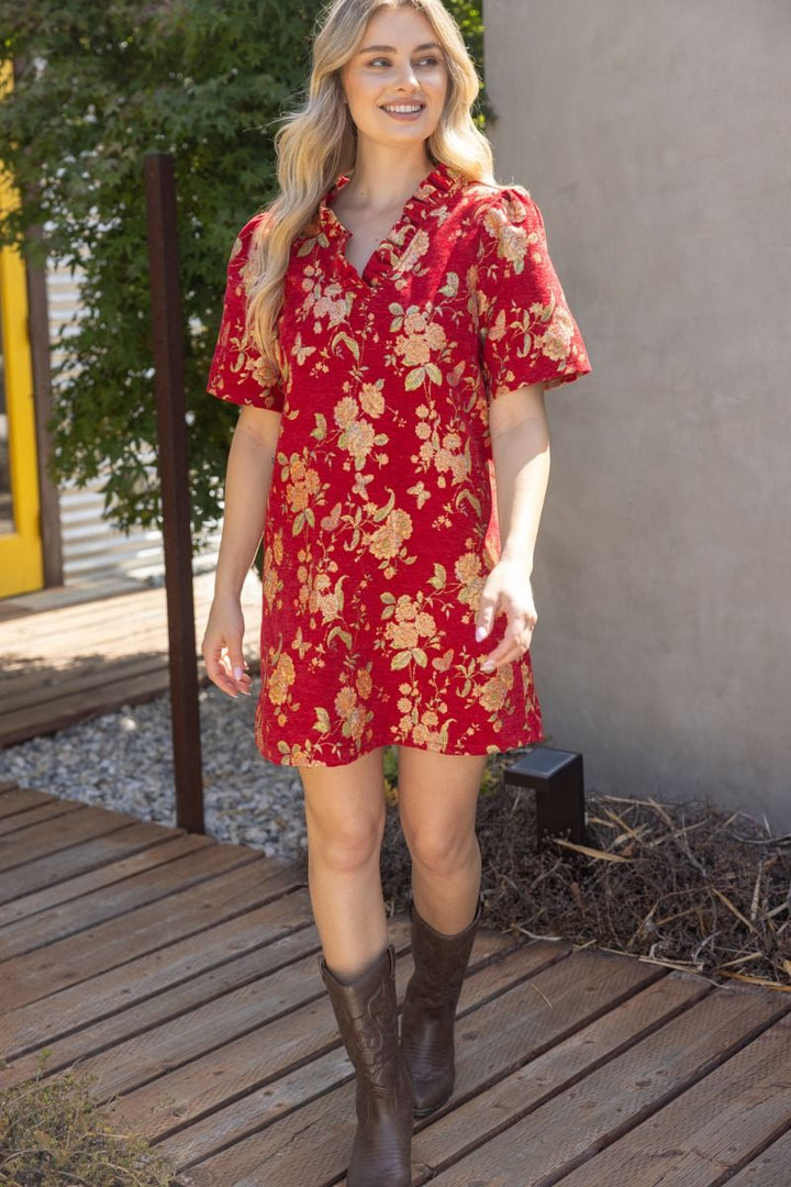 Red Floral Jacquard Ruffle Shift Dress - Lush Lemon - Women's Clothing - Voy - 27830381027229