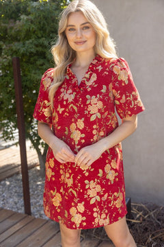 Red Floral Jacquard Ruffle Shift Dress - Lush Lemon - Women&