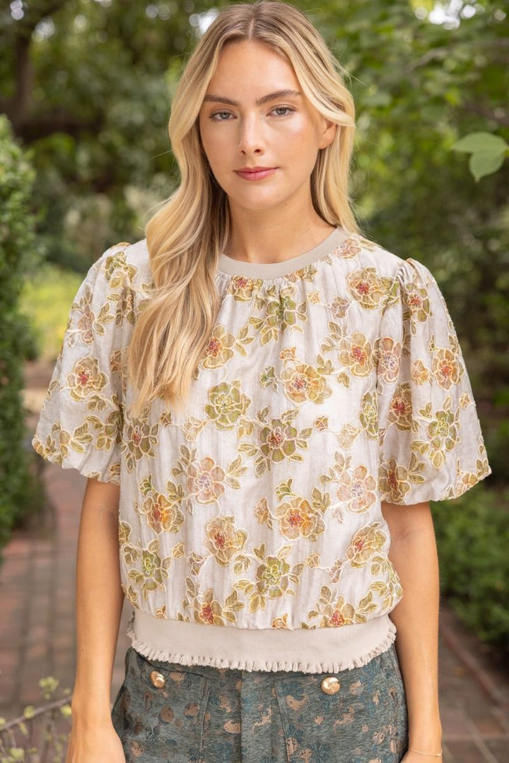 Ribbed Knit Band Floral Embroidered Top - Lush Lemon - Women's Clothing - Voy - 59881491075645