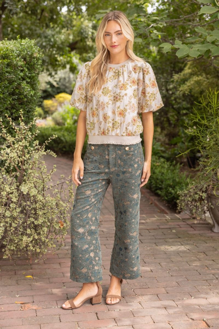 Ribbed Knit Band Floral Embroidered Top - Lush Lemon - Women's Clothing - Voy - 59881491075645