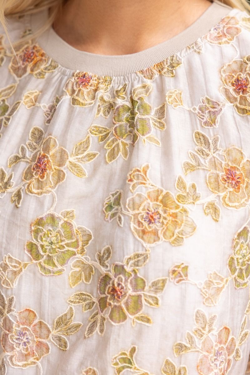 Ribbed Knit Band Floral Embroidered Top - Lush Lemon - Women's Clothing - Voy - 59881491075645