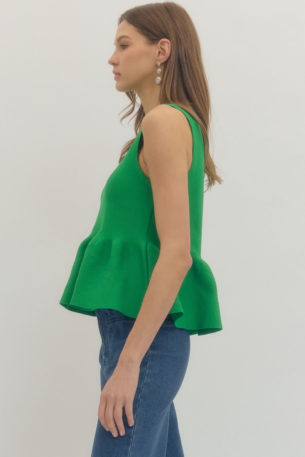 Ribbed Knit Sleeveless Peplum Top - Lush Lemon - Women's Clothing - Entro - 63790931659229