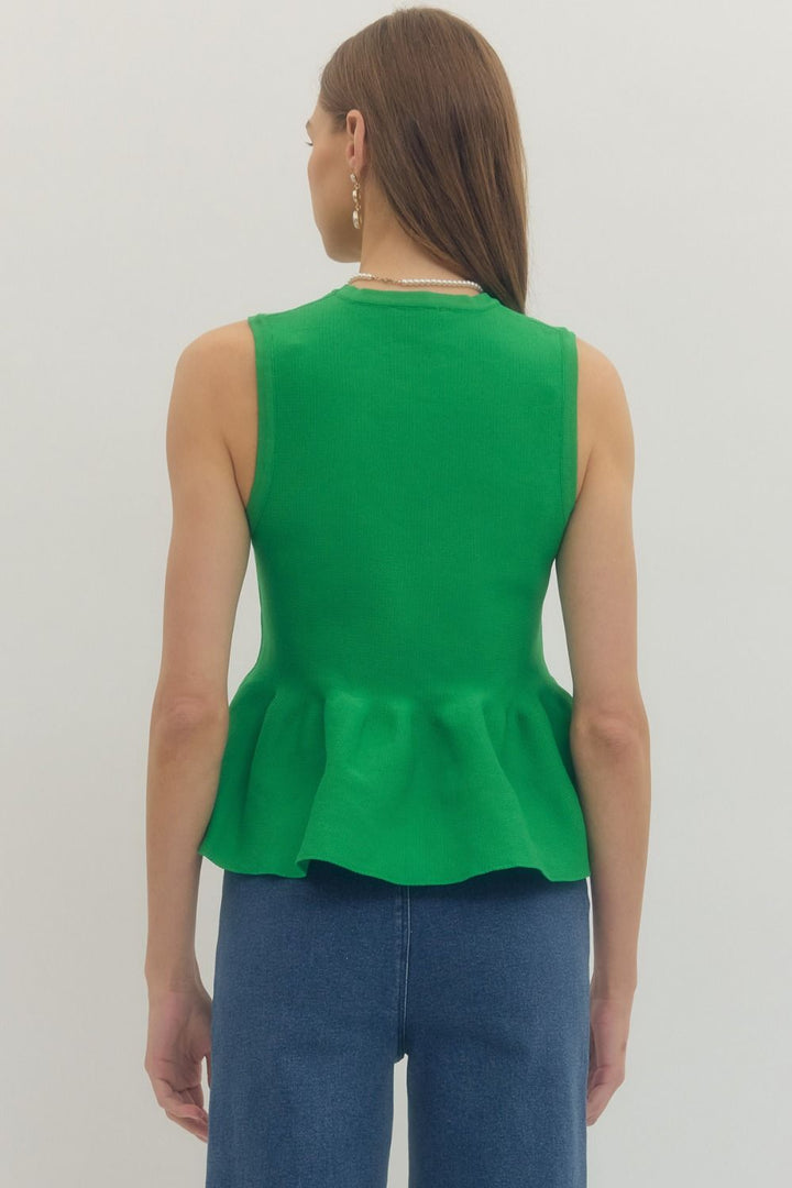 Ribbed Knit Sleeveless Peplum Top - Lush Lemon - Women's Clothing - Entro - 63790931659229