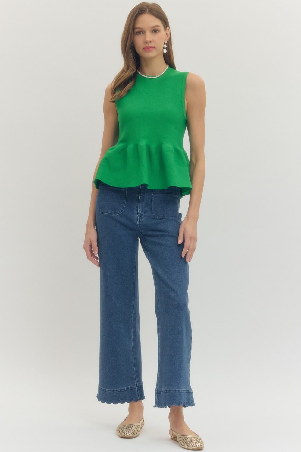 Ribbed Knit Sleeveless Peplum Top - Lush Lemon - Women's Clothing - Entro - 63790931659229