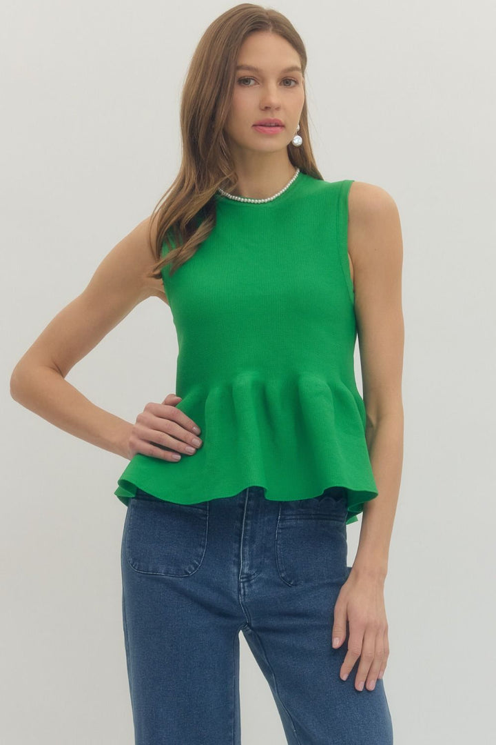 Ribbed Knit Sleeveless Peplum Top - Lush Lemon - Women's Clothing - Entro - 63790931659229